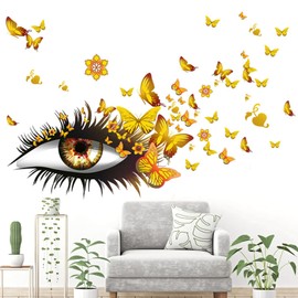 Creative Beautiful Girl Eyes Wall Sticker, Flying Butterfly Wall Decals, Girl Long Eyelashes Heart Décor, DIY Art Vinyl Mural for Couple Lovers Girls Bedroom Living Room Decoration(Yellow)