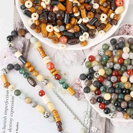 HERZONE 100 x Gemstone Beads for Threading Crystals Beads 8 mm Natural Stone Beads Approx. 250 Pieces Wooden Beads for DIY Bracelet Necklace Jewellery Making (Colourful A-100 Pieces (Wooden Beads)