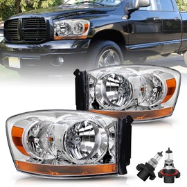 BRYGHT Anti-Fogging Headlight Assembly Fit For 06 07 08 2006 2007 2008 Dodge Ram 1500, 06 07 08 09 2006-2009 Ram 2500 3500 OE Style Pair Set Chrome Housing & Amber Reflector Updated with Bulbs