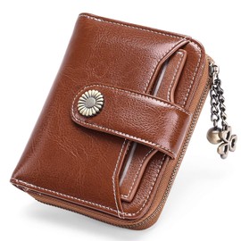 GOIACII Wallet for Women Leather Small RFID Blocking Bifold Zipper Pocket Card Holder with ID Window Brown