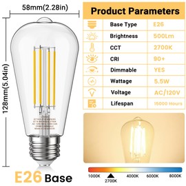 novapollo Edison Light Bulbs 5.5W, 60W Equivalent Dimmable Vintage LED Light Bulbs, 500LM E26 Medium Base Soft White 2700K LED Bulb, ST19 90+ CRI LED Bulb, Clear Glass,12 Pack