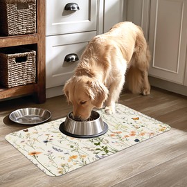 Vintage Wildflowers Herbs Pet Feeding Mat for Floors-Absorbent Dog Bowl Mat for Food and Water, Quick Dry Pet Cat Feeding Mats with Non Slip Bottom, Mess-Free Dog Accessories 16"x24"