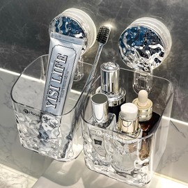 AYWSTC 2 Pack Suction Cup Shower Caddy, Wall Mounted Suction Electric Toothbrush Holder for Bathroom, Clear Shower Rack with 2 Movable Hooks, Toothpaste and Razors Shower Organizer