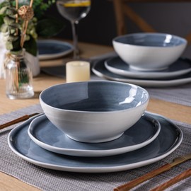 LERATIO Ceramic Dinnerware Sets for 4,Porcelain Plates and Bowls Sets with Wavy Edge,Microwave & Dishwasher & Oven Safe,Light Weight & Scratch Resistant Dishes Sets-Service for 4-Jean blue (12pcs)