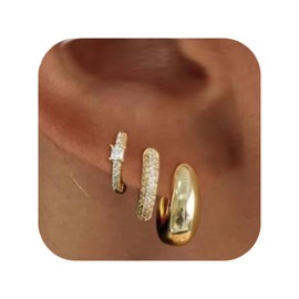 Gold Hoop Earrings Set for Women Small and Chunky Earrings for Women 14K Gold Jewelry for Multiple Piercing and Hypoallergenic Huggie Earrings with Zircon