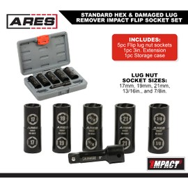 ARES 59035-1/2-Inch Drive 6pc Standard Hex and Damaged Lug Nut Flip Socket Set – Removes Damaged and Stripped Lug Nuts – 17mm, 19mm (3/4”), 21mm, 13/16”, and 7/8” Sockets with 3-Inch Extension