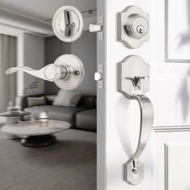 Probrico Satin Nickel Heavy Duty Front Entry Handleset,Entry Door Lockset with Deadbolt Single Cylinder,Interior and Exterior Entrance Passage LockGrip Handle with Wave Lever,1Set