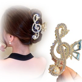 Rhinestone Hair clips for Women，Crystal Pearl Hair Claw Clips，Gold Jumbo Jaw Clip，Musical note Hair Claw for Thick Long Hair, Fashion Hair Accessories for Women Girls