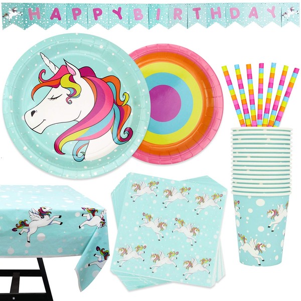 227 Piece Rainbow Unicorn Party Supplies Set Including Banner, Plates, Cups, Napkins, Cutlery, Straws, Balloons, and Tablecloth, Serves 25