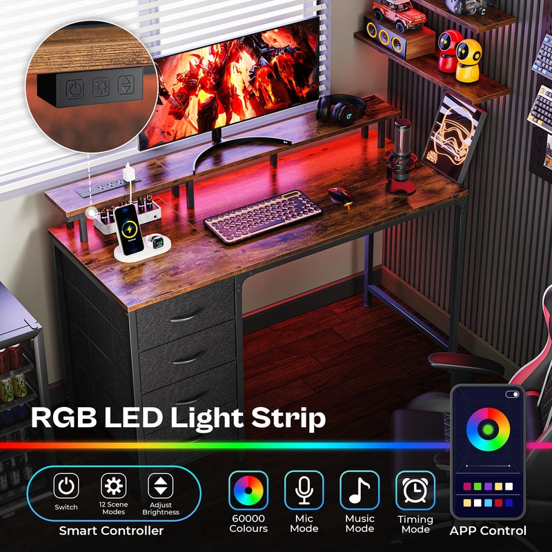Huuger 47 Inch Computer Desk with Power Outlets and LED