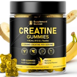 Creatine Monohydrate Gummies 5000mg with BCAA 500mg, Vitamin B12 200mcg & Taurine 500mg - 120 Vegan Gummies for Men & Women - Muscle Growth, Strength & Recovery - Banana