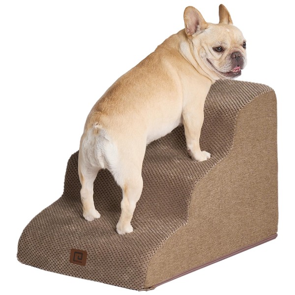 EHEYCIGA Curved Dog Stairs for Small Dogs, 3-Step Dog Steps for Couch Sofa and Chair, Pet Stairs for Cats, Non-Slip Balanced Pet Steps Indoor, Camel