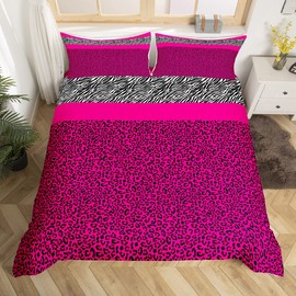 Pink Leopard Duvet Cover Set Single Size, Black White Zebra Print Bedding Set 2pcs for Kids Boys Girls Room Decor, Wild Animal Print Comforter Cover Cheetah Print Quilt Cover with 1 Pillowcase