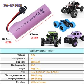 PUOO 3PCS 3.7V 2000mAh SM-2P Plug Lithium Battery with USB Charging Cable suitable for DE68 DE44 DE45W DE45 DE58 DE49 DE57 DE70 Off-Road Vehicle Truck Tank RC Toy Car Spare Batteries