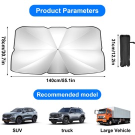 Sonnenschutz Auto Frontscheibe, Auto Sonnenschutz Frontscheibe, Sonnenschirm Auto mit Verstellbarer Stange, UV-Schutz Sonnenschirm Wärmeisolierter für die meisten Autos SUVs (140 x 78 cm)