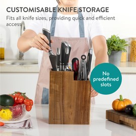 Navaris Knife Block & Utensil Organiser - Durable Acacia Wood Knife Holder without Knives - Removable & Washable Plastic Bristle for Random Sized Knives - Kitchen Storage Stand