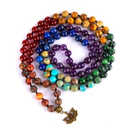 Farfume 7 Chakra 108 Mala Beads Bracelet Real Healing Gemstone Yoga Meditation Hand Knotted Mala Prayer Bead Necklace(Lotus OM-8mm Beads)