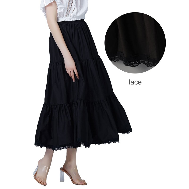 BEAUTELICATE Petticoat, Cotton, Lace, Non-See-through Skirt, Ruffle, Anti-Static, Knee-Length, Maxi,