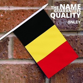 Anley Belgium Mini Flag 12 Pack - Hand Held Small Miniature Belgian Flags on Stick - Fade Resistant & Vivid Colors - 5x8 Inch with Solid Pole & Spear Top