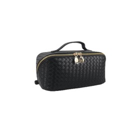 Travel Makeup Bag for Christmas Gift, Large Capacity Cosmetic Bag for Women Traveling, Waterproof Portable Pouch Open Flat Toiletry Bag, Makeup Bag Organizer with Divider and Handle (Full black)