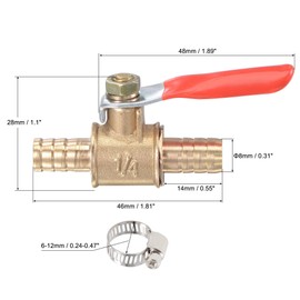 sourcing map Brass Air Ball Valve Shut Off Switch 8mm Hose Barb to 8mm Hose Barb with Clamps Red Handle 2Pcs