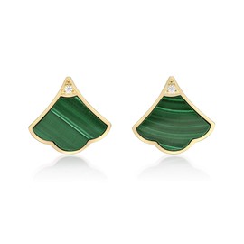 925 Sterling Silver Malachite Fan Stud Earrings with Yellow Gold Plating and Friction Back by Lavari Jewelers