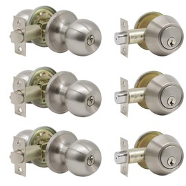 Gobrico 3 Pack Keyed Round Ball Entry Door Knob and Single Cylinder Deadbolt Lock Combo Packs for Front and Entrance Door Brushed Nickel Locksets with Same Key