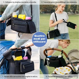 HINATAA Buggy Pram Organiser, Baby Pram Bag with 2 Drink Holders, Buggy Organiser Children's Trolley with Shoulder Strap & 2 x Secure Hooks, Pram Accessories with Zip Pocket (Black)