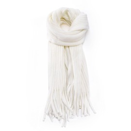 Anjing Women's Scarf with Fringes, Cashmere Feel Scarves, Cuddly Warm Winter Scarf, Thick, Plain, White, White