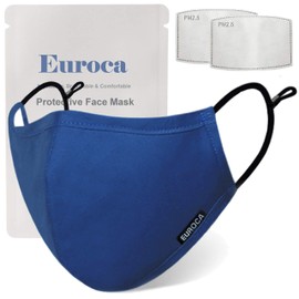 Euroca Cloth Face Mask 3 Layer Reusable Washable and Adjustable with Filter Pocket for Adult -1 Pack with 2 Filters included (Royal Blue, Large)