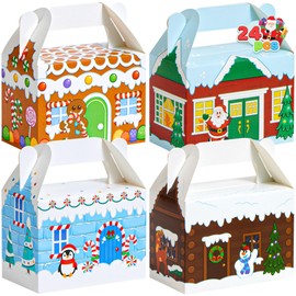 JOYIN JOYIN 24 PCS 3D Christmas House Cardboard Treat Boxes for Holiday Xmas Goody Gift, Goodie Paper Boxes, School Classroom Party Favor Supplies, 4 Designs Candy Treat Cardboard Cookie Boxes