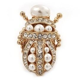 Clear Crystal/Simulated Pearl Egyptian 'Scarab' Beetle Brooch In Gold Plating - 4.5cm Length