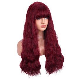 BERON 26 Inches Wine Red Wig with Bangs Long Curly Wig Red Curly Wigs for Women Daily Party and Cosplay Hairnet Include