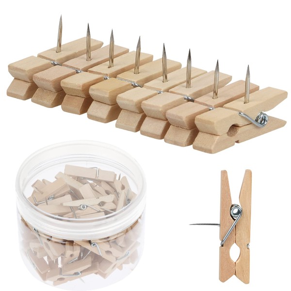 50 PCS Push Pin with Wooden Clips, Durable Wooden Push