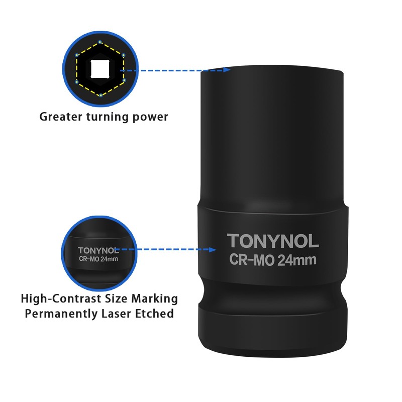 TONYNOL 3/4 Inch Drive Deep Impact Socket Set,6-Point,Metric (24mm to