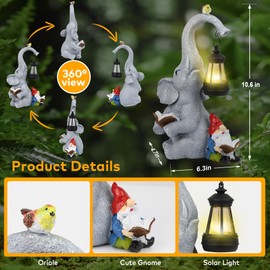 Solar Outdoor Garden Statues Lights, Elephant Figurines with Cute Gnome Garden Sculpture Decor, Luck Elephant Gifts for Woman Mother or Daughter, Unique Housewarming Gifts and Yard Decor