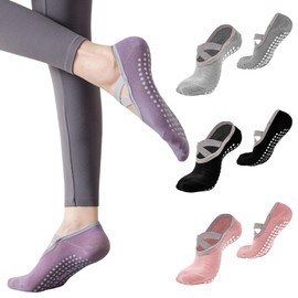 bssmmai 4 Pairs Pilates Yoga Socks, Non-Slip Women's Yoga Socks 35-38/39-42, Yoga Socks with Cross Straps, Non-Slip Socks for 100% Stability and Comfort (Black, Grey, Pink and Purple)