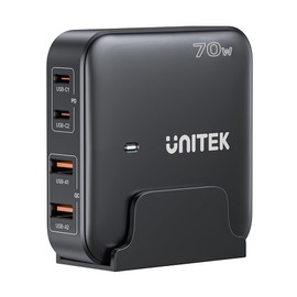 Unitek 70W Desktop GaN Charging Station, Supports USB-C*2 PD3.0 (70W) + USB-A*2 QC3.0 (30W), 1.5M AC Power Cord, Compatible with Phones, Tablets, Switch and laptops, Black