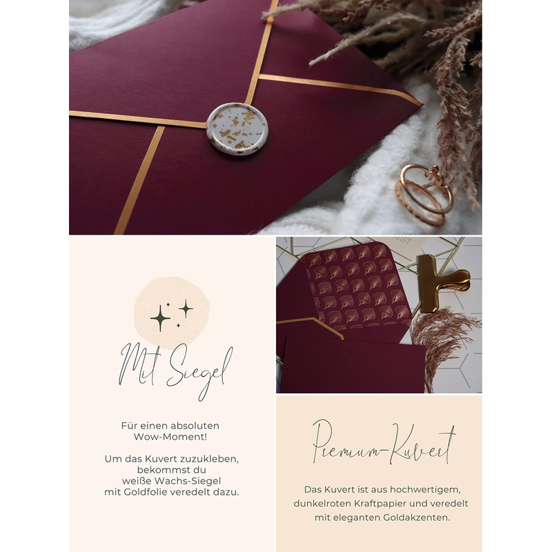 JoliCoon 3 Envelopes A6 Dark Red with Gold Foil and