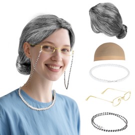 MAQIHAN Old Lady Wig - Grandma Costume Outfit Gray Bun With Grandmother Wig And Cap,Granny Glasses,Eyeglass Retainer Chain,Pearl Necklace Cosplay Set For Party,Funny Comedy