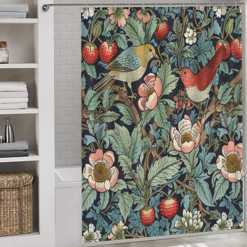 William Morris Shower Curtain,Original Design Strawberry Thief Green Flower Birds