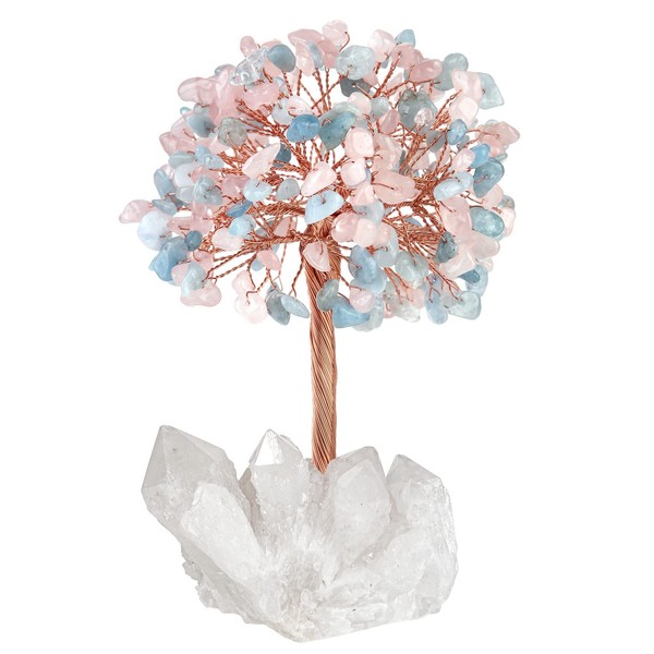 Nupuyai Aquamarine & Rose Quartz Crystal Money Tree with Rock Crystal Cluster Base, Lucky Fengshui Figure Spiritual Healing Stone Tree Ornament for Home Office Decor