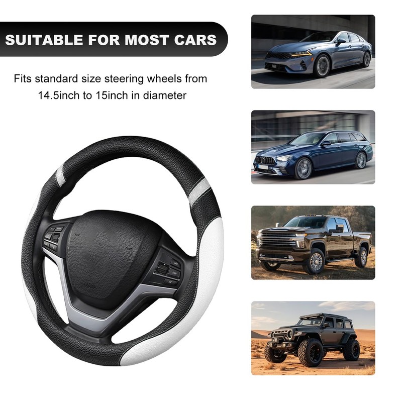 MUQIDA Car Steering Wheel Cover, 15 Inch Premium Leather Breathable