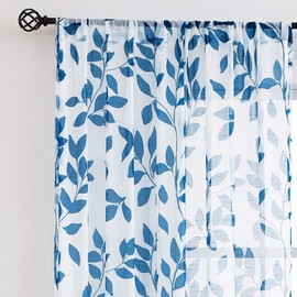 Navy-Blue Sheer Curtains Living Room 84 inches Length Floral Leaves Printed on White Semi Sheer Drapes for Bedroom Privacy Linen Textured Window Panels for Guest Room Office Studio, 2 Panels