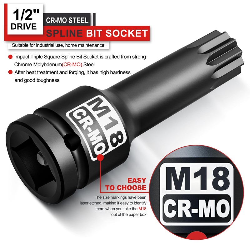 KIRXST Impact Triple Square Spline Bit Socket, 1/2" Drive M18