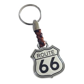 Desi-Schilder - Route 66 Metal Chrome Plated Lucky Charm with Leather Strap Key Chain Key Ring, silver