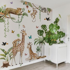 LOONELO Jungle Animals Wall Stickers – Peel & Stick 3D Safari Decals with Giraffe, Leopard, Monkey, Palm Leaves, Birds, and Butterflies – Removable Vinyl Wall Art for Nursery Bedroom Decor