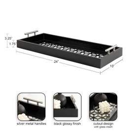 Kate and Laurel Caspen Cut Out Pattern Decorative Rectangle Tray with Silver Metal Handles, 10 x 24, Black and Silver, Modern Glam Serving Tray with Handles for Living Room Decor
