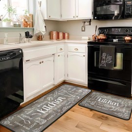 Yovirinto Grey Kitchen Rugs and Mats Sets of 2, Non Skid Washable Absorbent Microfiber Retro Rustic Wood Texture Kitchen Mat for Runner Hallway Doormat Bathroom 17"x 47"+17"x 30"