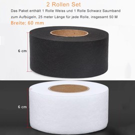Bicoozz Nastro termoadesivo da applicare con il ferro da stiro, bianco, nero, 25 m, larghezza 60 mm, per riparare tessuti, tende, pantaloni, vestiti, Iron on (50 M-6 cm)